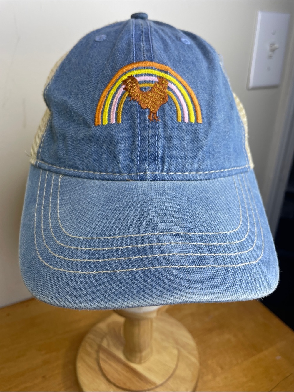 Denim Blue Trucker Cap with Rainbow Chicken Embroidery